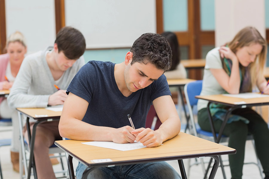 Students taking a test in a classroom in Ann Arbor